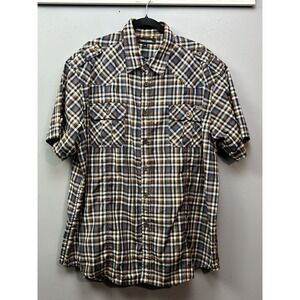 Decibel Shirt Mens 2XL Blue Brown Plaid Button Up Short Sleeve Casual Pockets